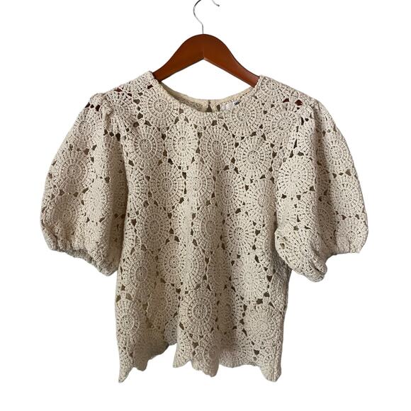 Amuse Society Cream Beige Crochet Knit Top Small Puff Sleeve Cotton Cottage Boho - Picture 2 of 9